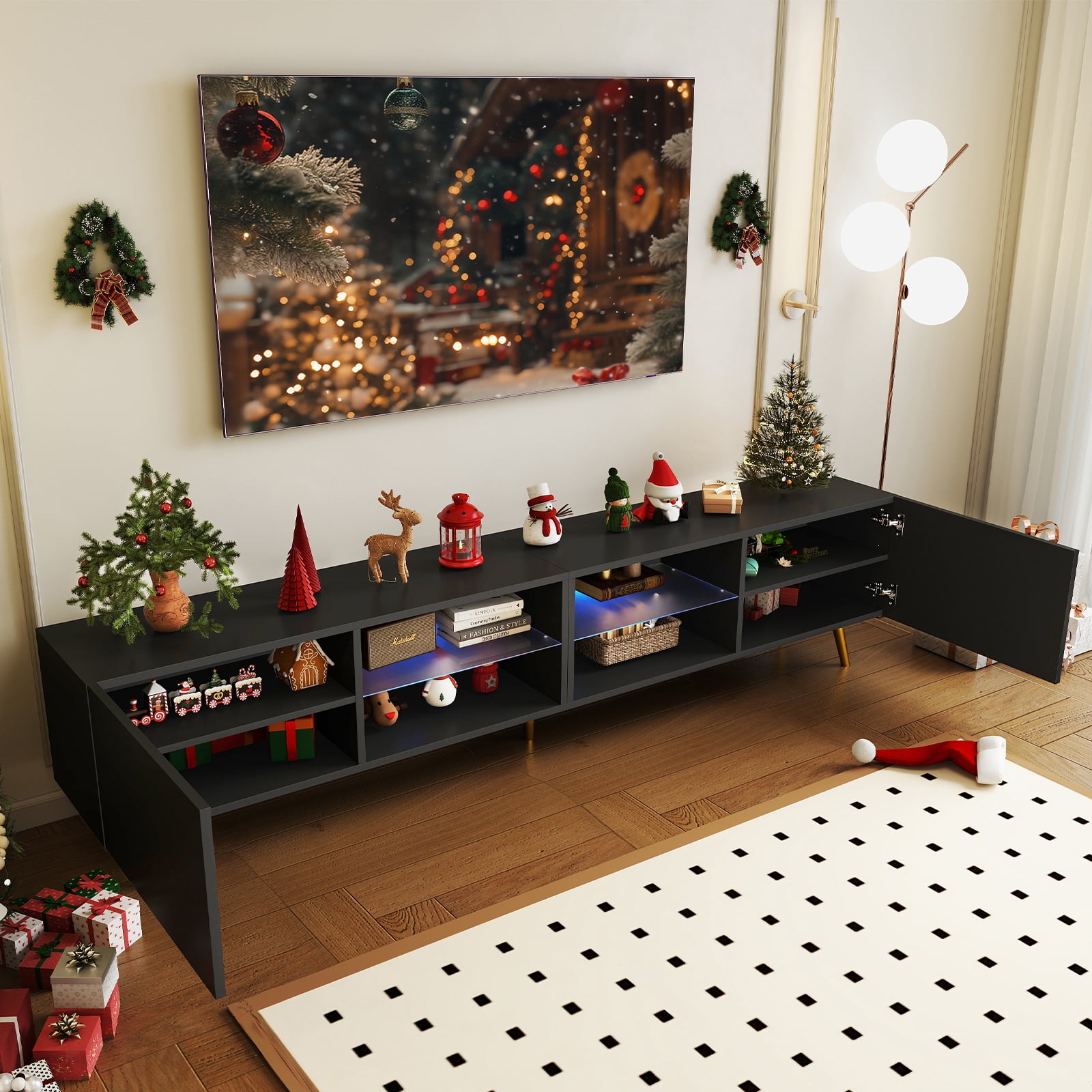 Bonzy Home 86" TV Stand, Television Console Table for 85" TV, Modern Entertainment Center with Storage Cabinets for Living Room, Black