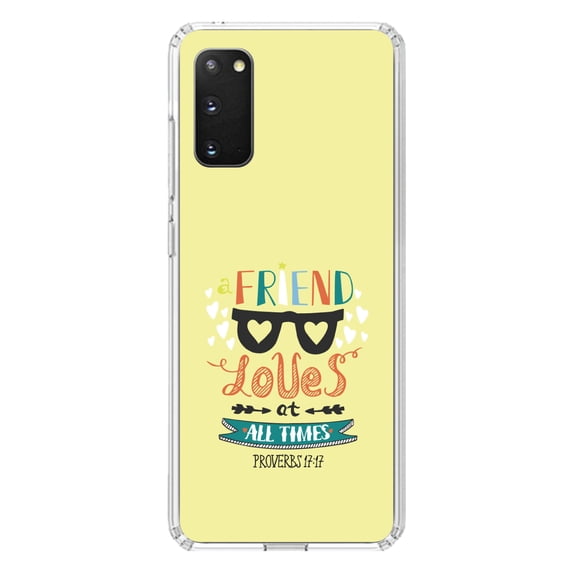 DistinctInk Clear Shockproof Hybrid Case for Galaxy S20 / S20 5G (6.2" Screen) - TPU Bumper, Acrylic Back, Tempered Glass Screen Protector - Proverbs 17:17 - A Friend Loves at All Times
