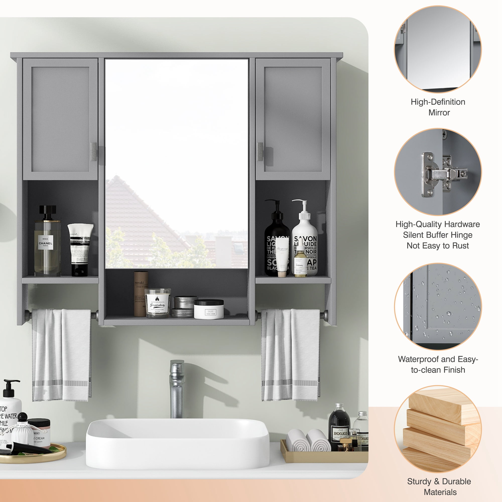 Euroco Wall Mounted Bathroom Mirror Cabinet with Triple Doors – Concealed Storage, Modern Design, Durable Construction, Easy Assembly