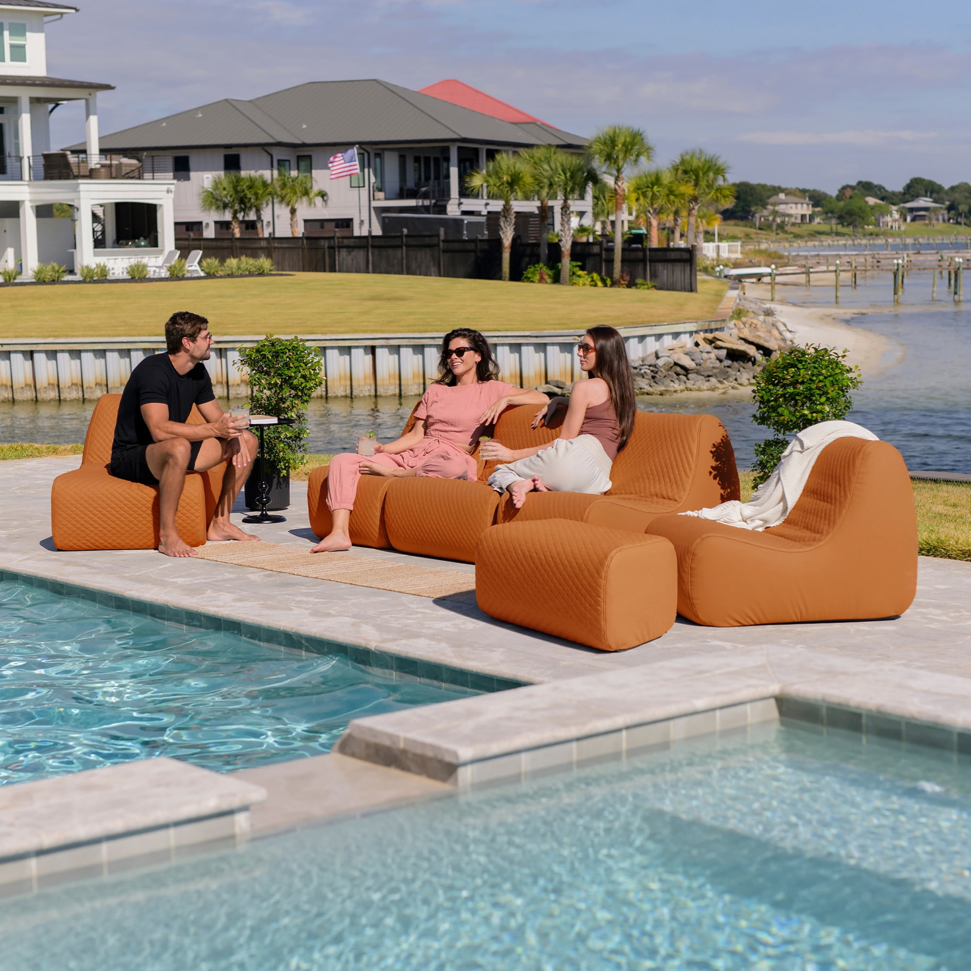 Big Joe Solvana Outdoor Sectional, 7 Piece Patio Furniture Set, Weather-Resistant Cool Touch Silicone Stitched Leather Sofa, Honey Sand