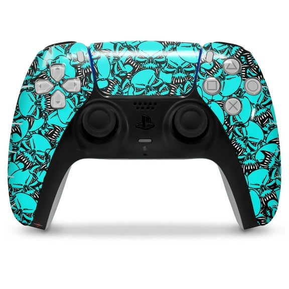 WraptorSkinz Skin Wrap compatible with the Sony PS5 DualSense Controller Scattered Skulls Neon Teal (CONTROLLER NOT INCLUDED)