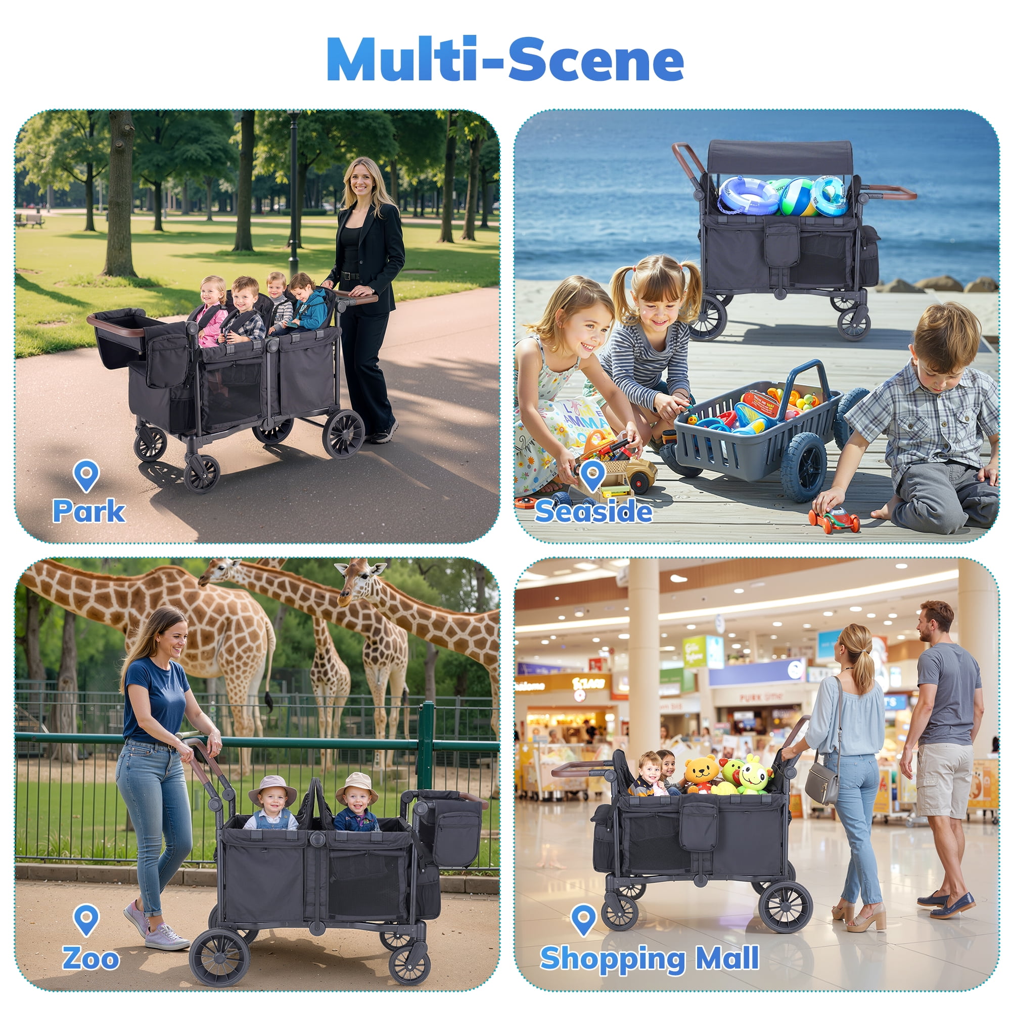 SACVON 4-in-1 Baby Stroller Wagon, 4-Seat Convertible Wagon for Kids with Removable Canopy, Cooler Bag, Adjustable Handle, for Outdoor Camping & Travel, Black