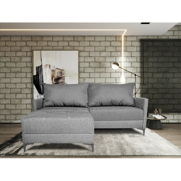 Sala Esquinera Modular El Bazar Store Montana Gris plata 170x155 cm, Tela Lino nacional, Love seat y taburete