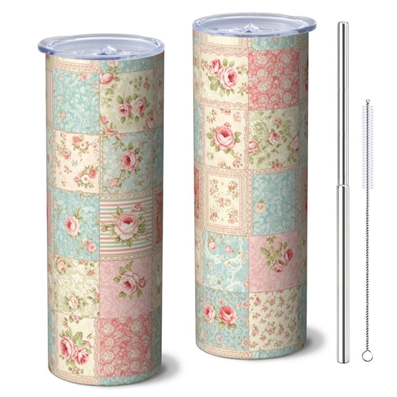 Pioneer Flower Floral Print Pattern 20oz Skinny Tumbler with Straw & Lid, Double Wall Vacuum Insulated Cup, Leak-Proof, Cup Holder Friendly, Hot 6H Cold 12H