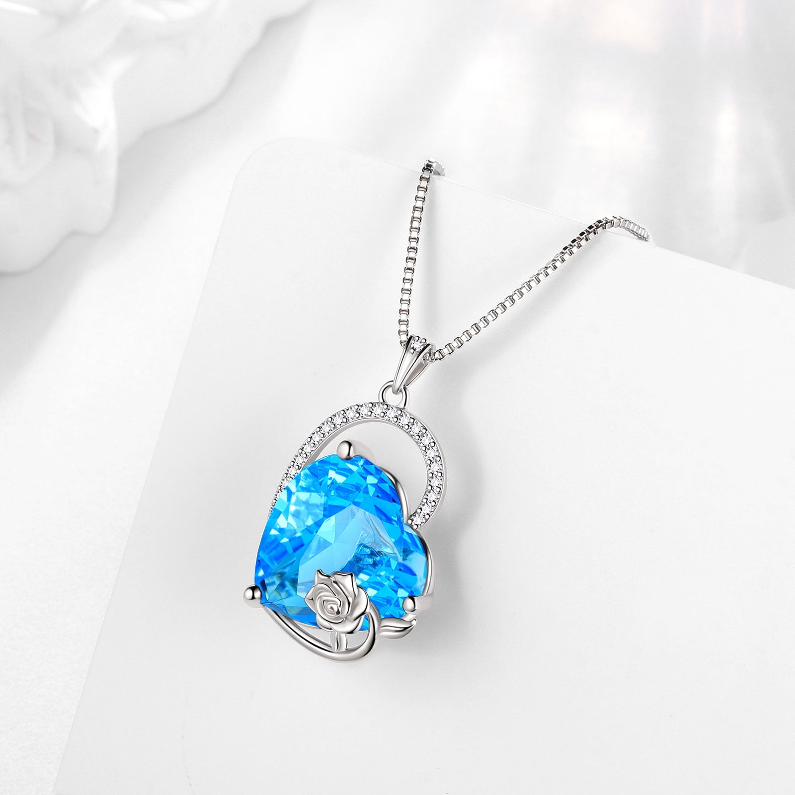 Juwaliy 925 Sterling Silver 15MM Heart Necklace Women March Birthstone Aquamarine Jewelry Blue Topaz Rose Flower Pendant Mother Birthday Valentines Gift for Her