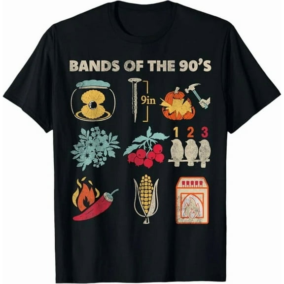 Retro Popular Music Bands Of The 90s Rock Funny Vintage Graphic Unisex T-Shirt, up to Size 5XL