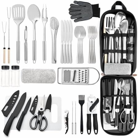 Portable Camping Kitchen Utensil 34 Pcs Set- Cookware Kit, Stainless Steel Outdoor Cooking and Grilling Utensil Organizer Travel Set Perfect for Travel, Picnics, RVs, Camping, BBQs, Parties