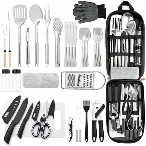 Portable Camping Kitchen Utensil 34 Pcs Set- Cookware Kit, Stainless Steel Outdoor Cooking and Grilling Utensil Organizer Travel Set Perfect for Travel, Picnics, RVs, Camping, BBQs, Parties