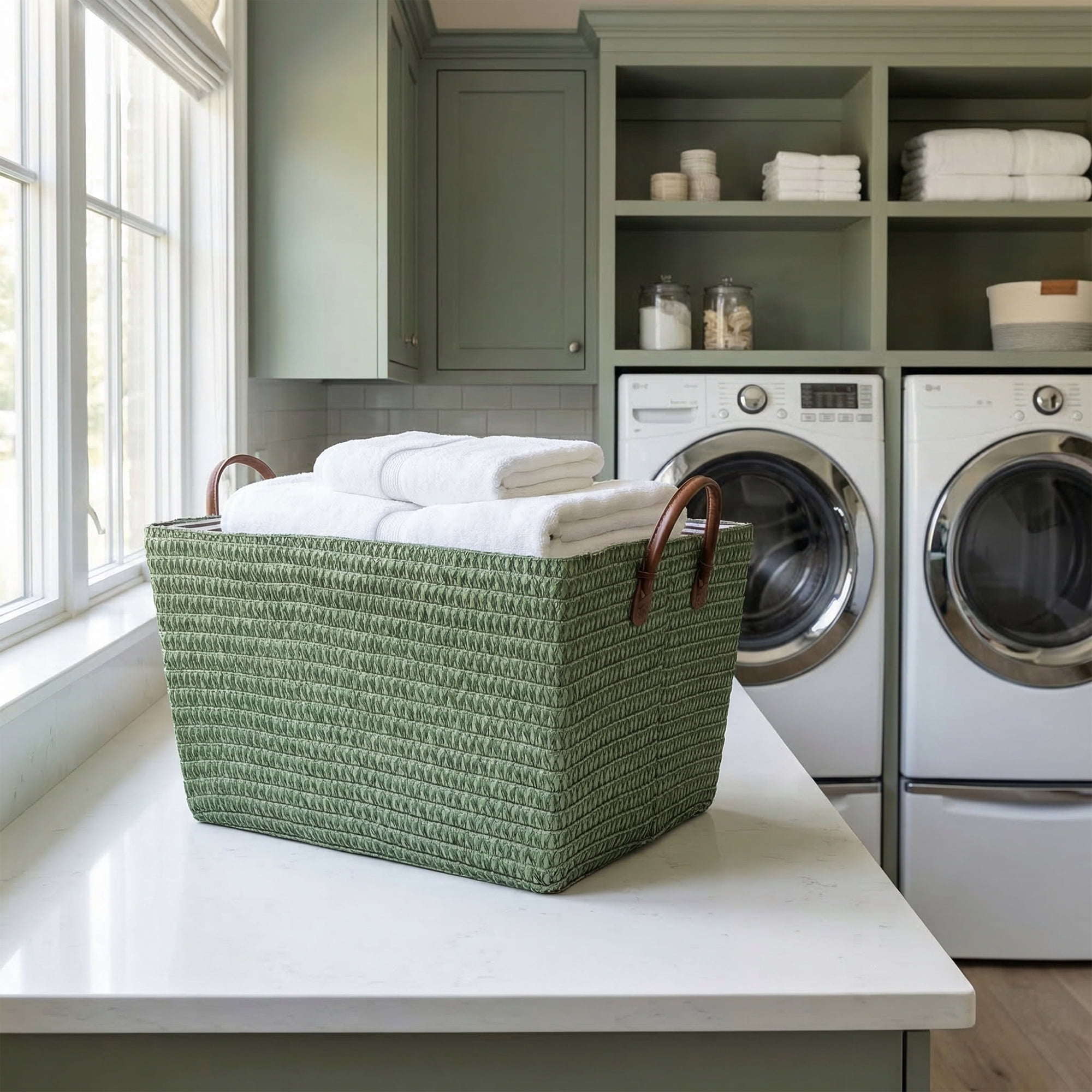 Unique Bargains Good-quality Woven Shelf Closet Storage Bin Green 17.7*13.8*9.8in