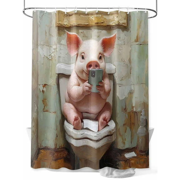 Funny Animal Shower Curtain, Pig Sitting on Toilet Pig Playing Phone Waterproof Shower Curtain Set with 12 Hooks Lightweight Washable Fabric Shower Curtains for Bathroom 60x72 Inches