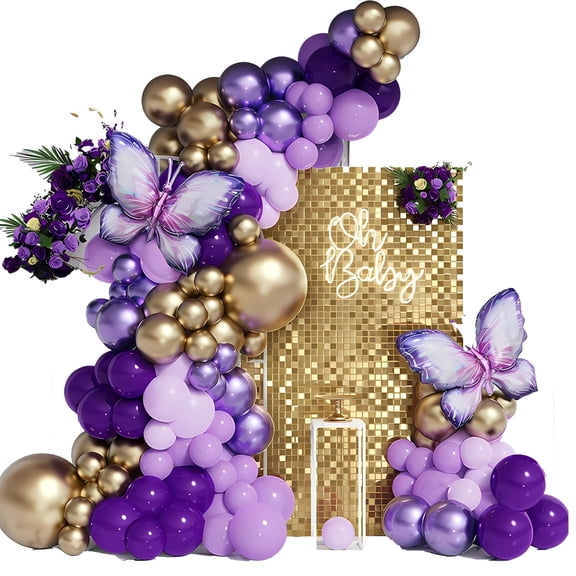 Mxdfafa 121Pcs Birthday Party Decorations, Purple Gold Butterfly Latex Balloon Arch Kit, BDAY & Wedding Bridal Shower Supplies