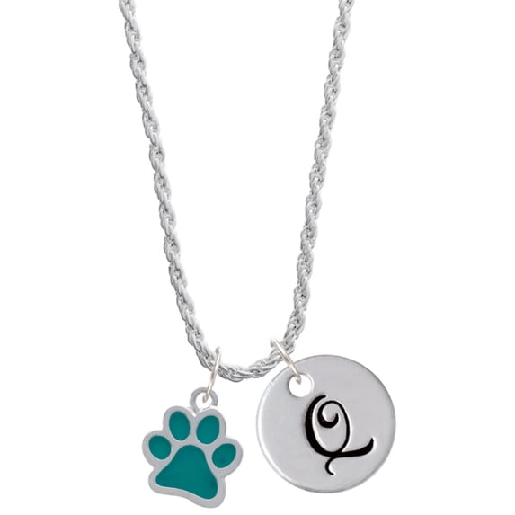 Delight Jewelry Silvertone Medium Translucent Teal Paw Silvertone Script Initial Disc - Q - Charm Necklace, 20"+3"