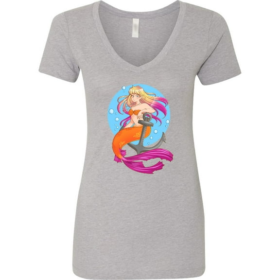 Inktastic Nautical Orange and Pink Mermaid Sitting on Anchor Women's V-Neck T-Shirt