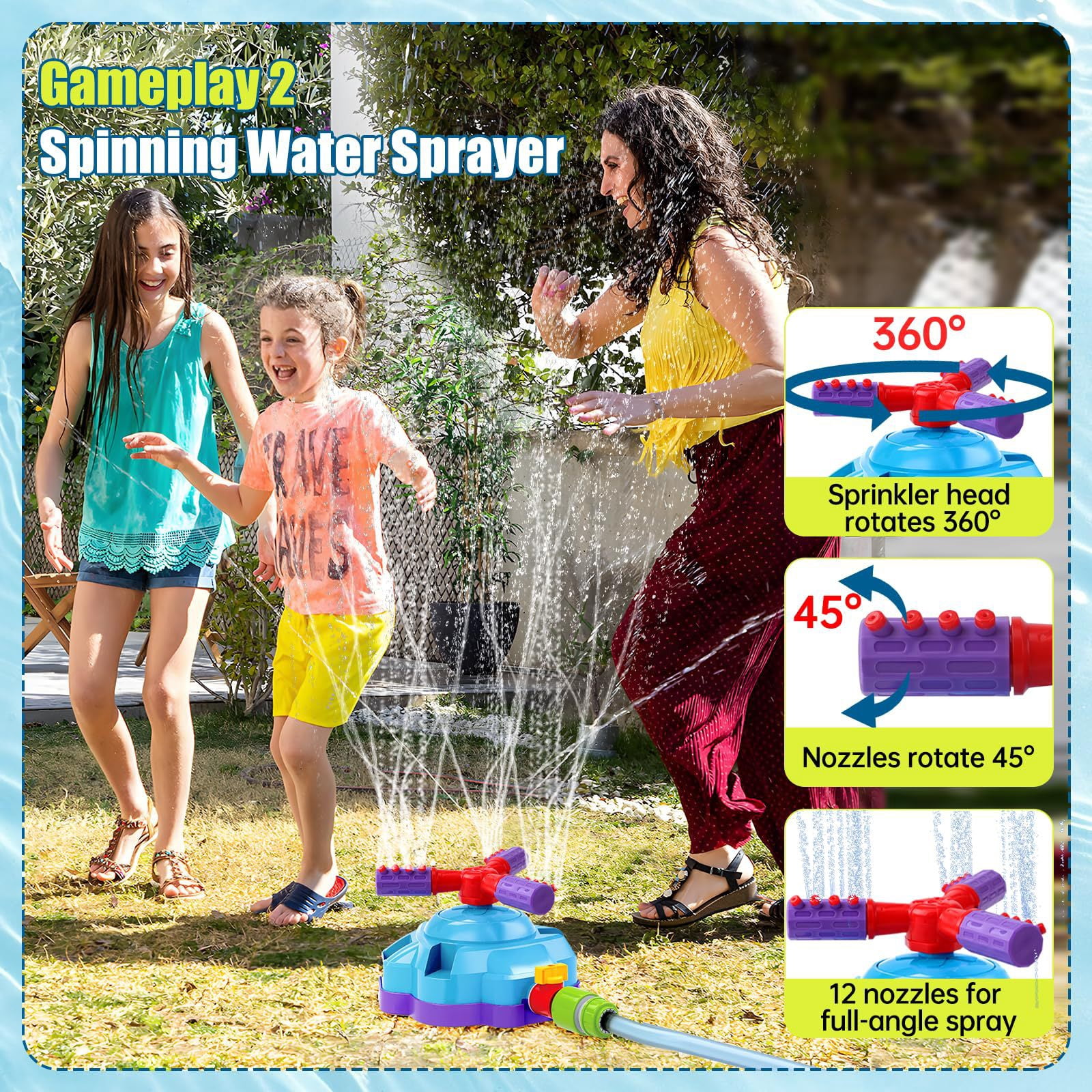 4-in-1 Kids Water Sprinkler Toys, Summer Outdoor Water Baseball/360° Rotating Sprinkler/Stomp Rocket/Rocket Launcher for Backyard Outdoor Summer Toys for Boys Girls