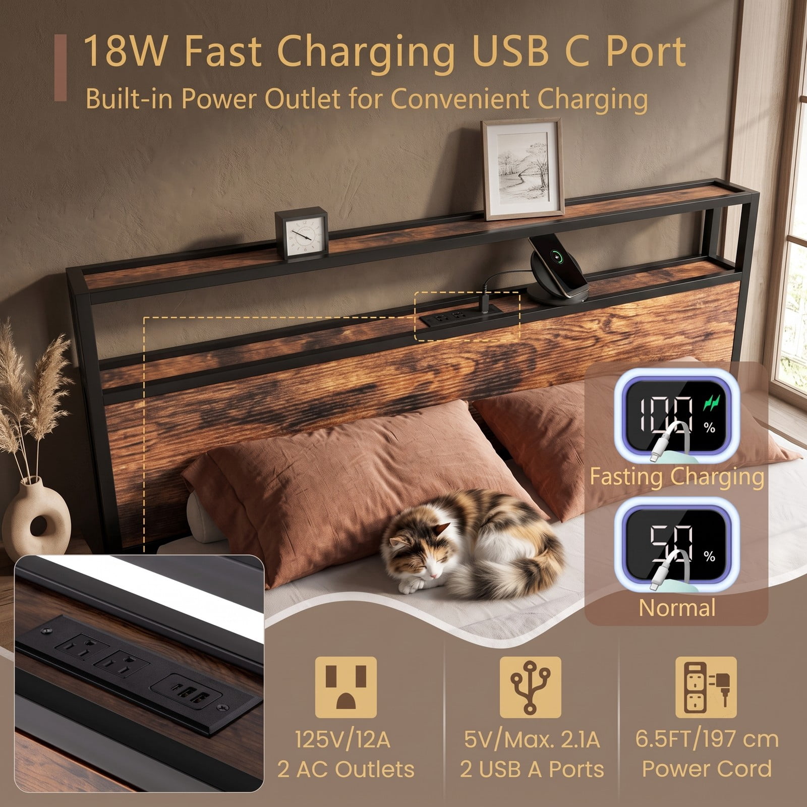 Furnibear Queen Bed Frame with Storage Headboard, Charging Station and USB Ports, Metal Platform Bed, No Box Spring Needed, Rustic Brown and Black
