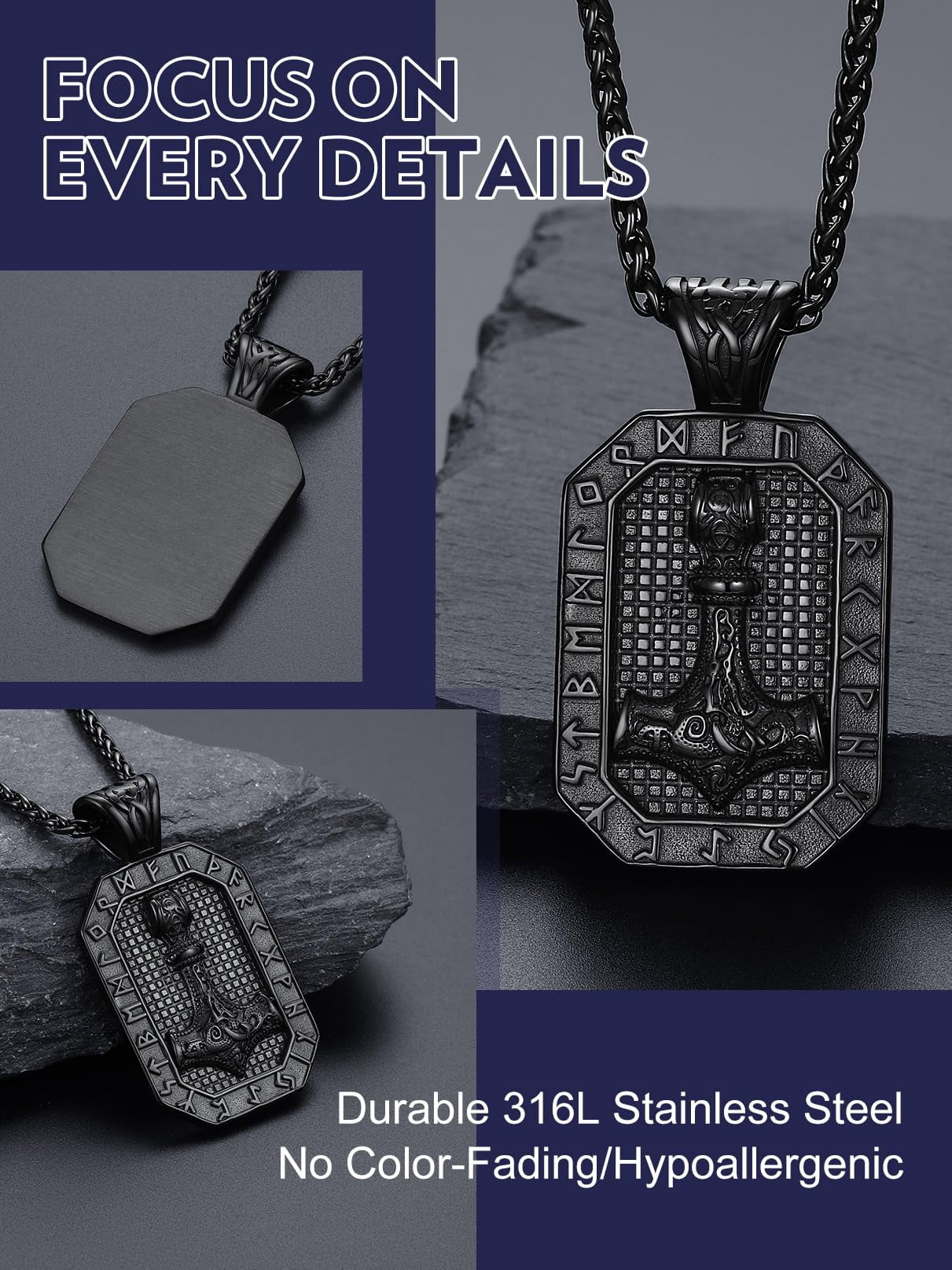 Bandmax Mens Black Nordic Dog Tag Pendant Necklace with Viking Runes Stainless Steel Thors Hammer Necklaces Chain Gift for Men