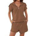 thumbnail image 1 of Women Two Piece Outfits Tracksuit Half Zip Lapel Cap Sleeve Sweatshirt High Waist Drawstring Shorts Set Sweatsuit, 1 of 6