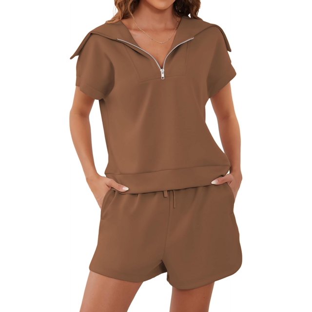 Women Two Piece Outfits Tracksuit Half Zip Lapel Cap Sleeve Sweatshirt High Waist Drawstring Shorts Set Sweatsuit