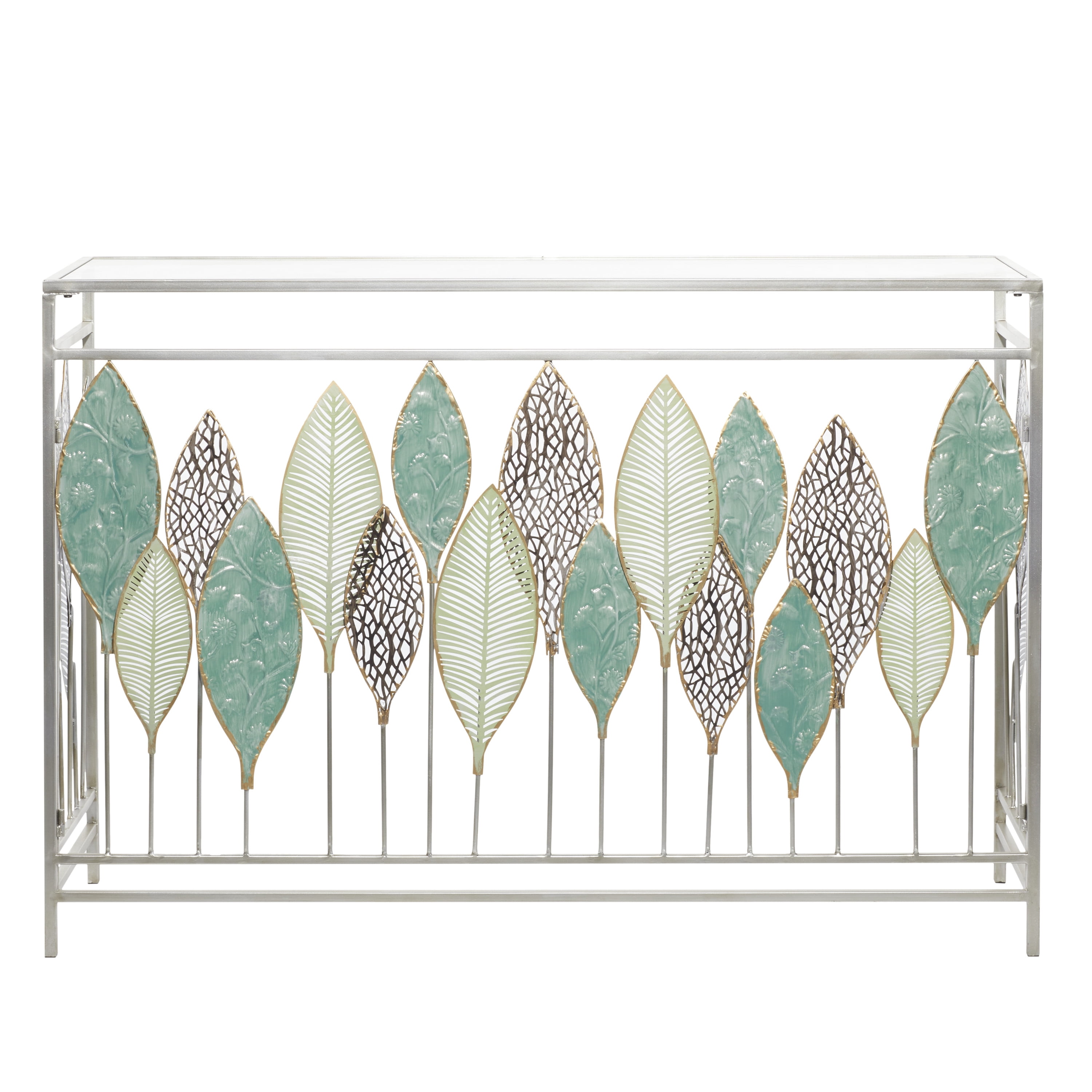 DecMode Silver Contemporary Rectangular Metal Console Table with Green Leaves Sculpture, 44"W x 30"H