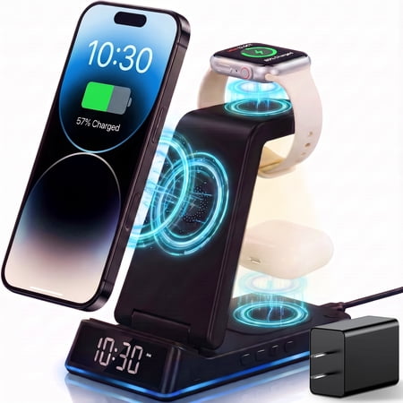 VISENTOR Wireless Charging Station, 7-in-1 Foldable 15W Fast Charger with Alarm Clock & Night Light for iPhone/Samsung/Apple Watch & AirPods