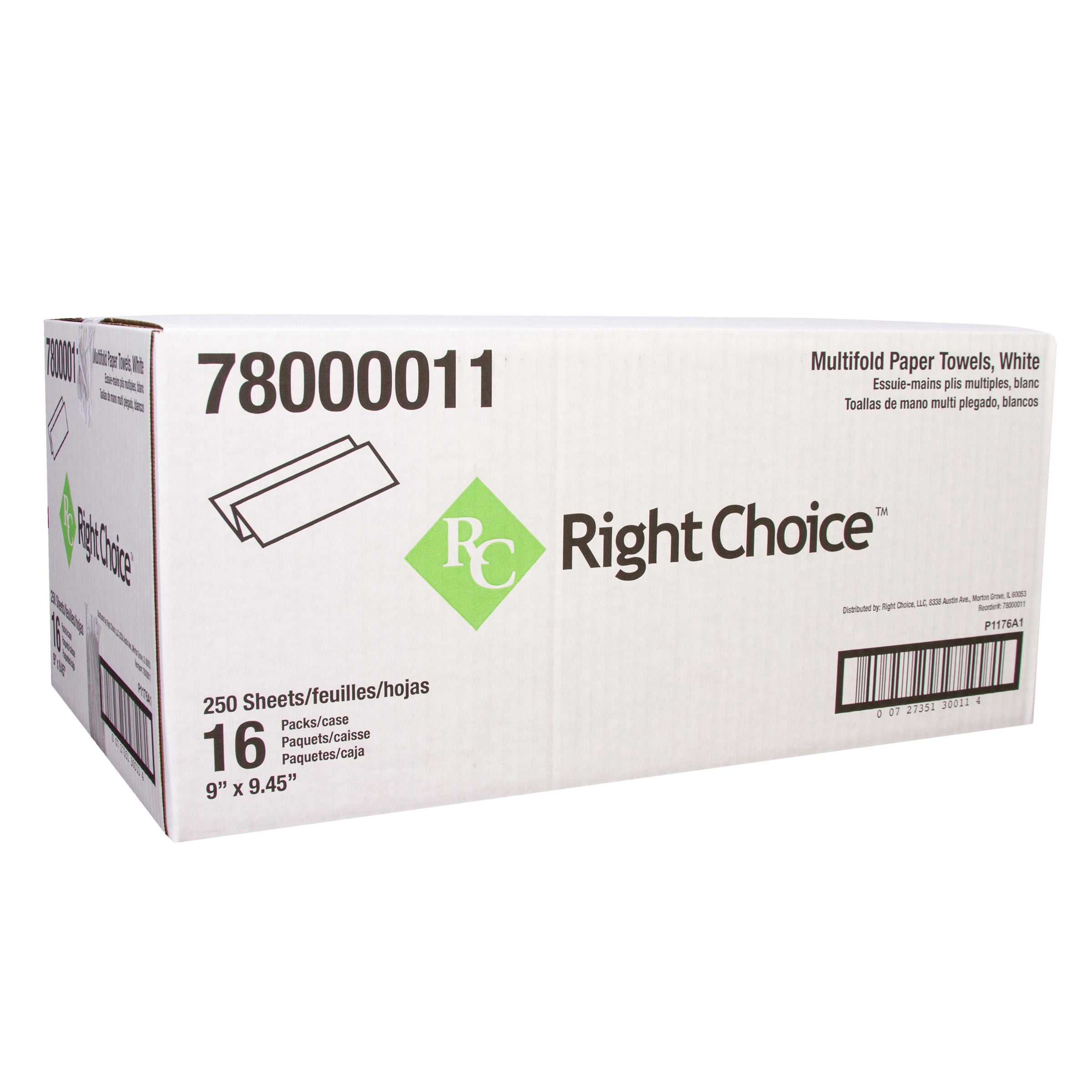 Right Choice White 1 Ply Multifold Paper Towel, 9 X 9.5 inch, 250 sheets per roll -- 16 per case