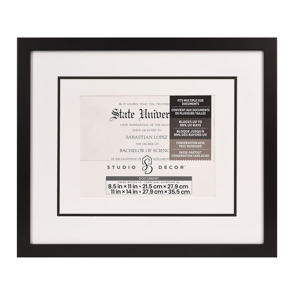 Studio Decor 8.5" x 11" Black Document Picture Frame with Triple Mat - Blocks up to 99% UV Rays, Display Diplomas, Certificates, & Documents - 1 Pack
