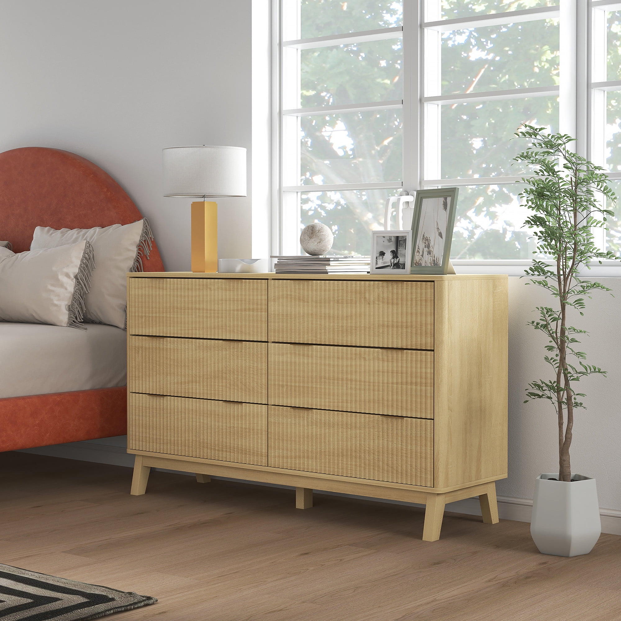 HOMCOM Fluted Dresser for Bedroom with 6 Drawers, 54" Wide Chest of Drawers with Gold Finger Pulls and 5 Wood Legs, Natural Wood