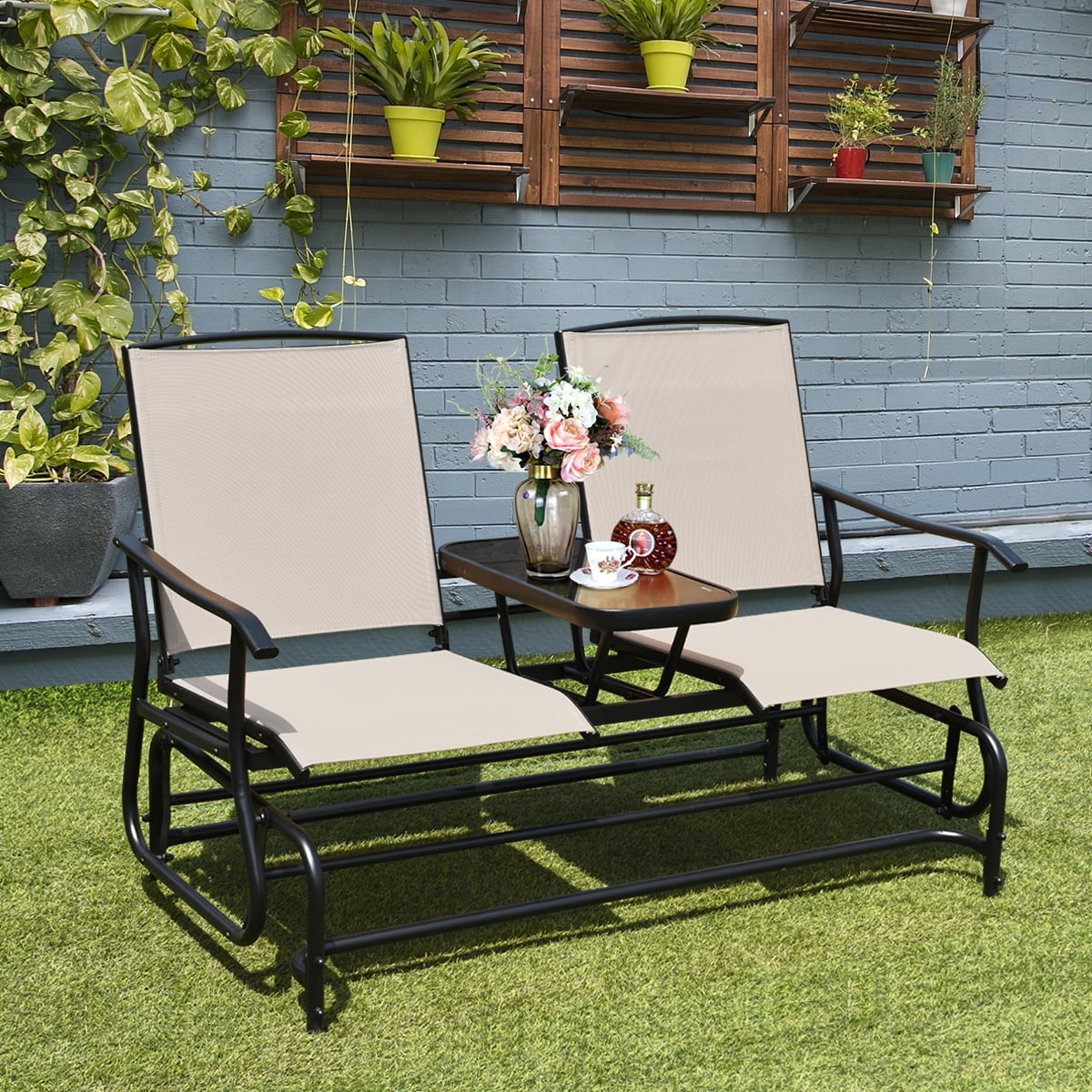 Costway Outdoor Lawn Gliding Furniture 2 Person Patio Double Glider with Center Table and Steel Frame Walmart
