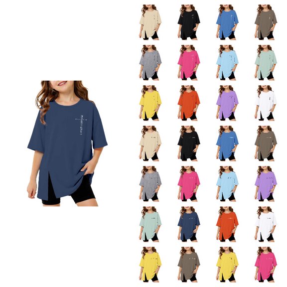 Girls Short Sleeve T Shirts Kids Side Slit Cute Print Navy Summer T Shirt Baggy Tops Casual Crewneck Basic Tees 4T