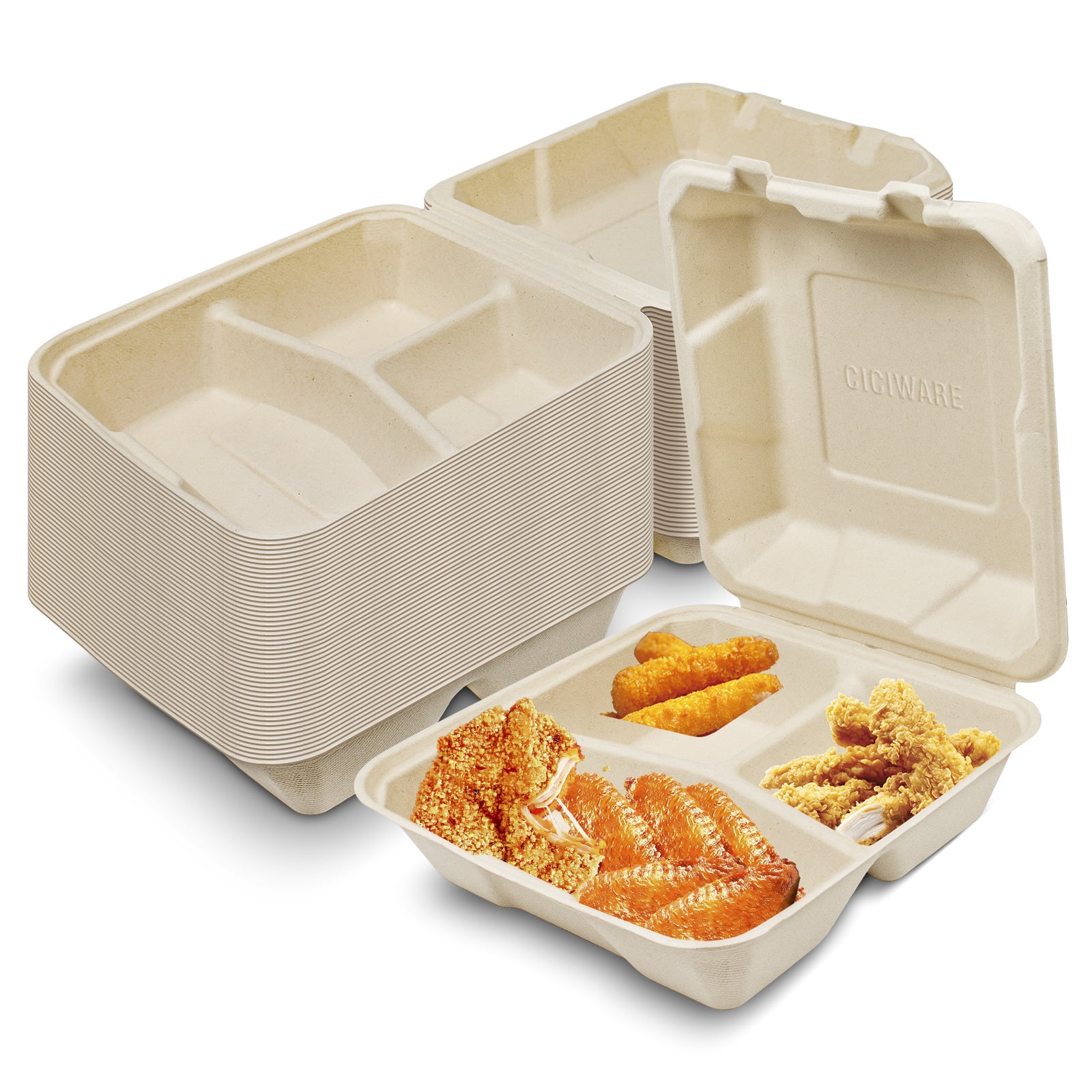 100 Compostable Clamshell TakeOut Food Container [8 Inch Three