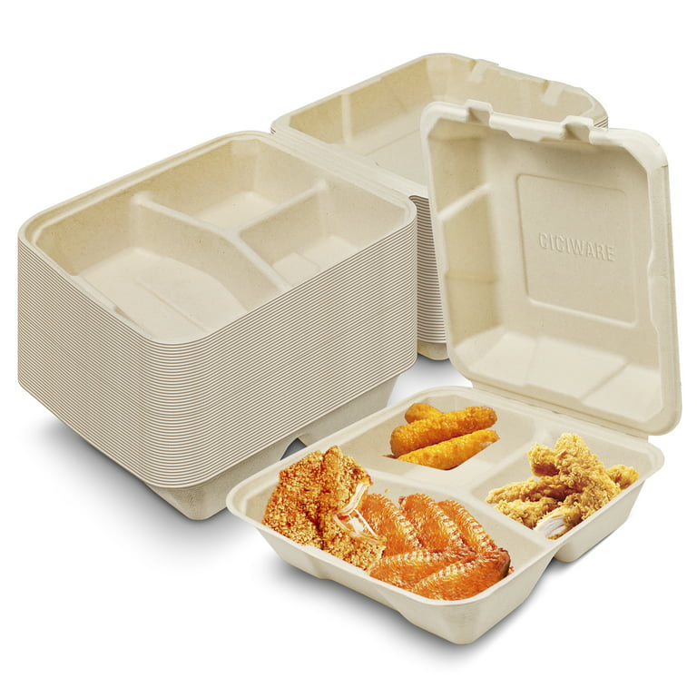 100% Compostable Clamshell Take-Out Food Container [8 Inch  Three-Compartment Folding Cover Lunch Box, 50 Bags] Heavy Quality  Packaging,Natural Disposable Bagasse, Environmental Friendly Biodegradable  