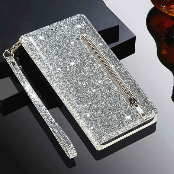 ELEHOLD Stylish Flip Wallet Case for iPhone 17 Air,Bling Glitter Leather Zipper Pocket Card Slots Kickstand Function Magnetic Clasp Detachable Lanyard Purse Case,Silver