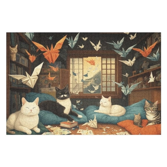 Puzzles for Adults 300 Pieces - Group Cats Sitting Top Bed Funny Puzzle Unique Difficult and Challenge Large Puzzle Game Toys Gift
