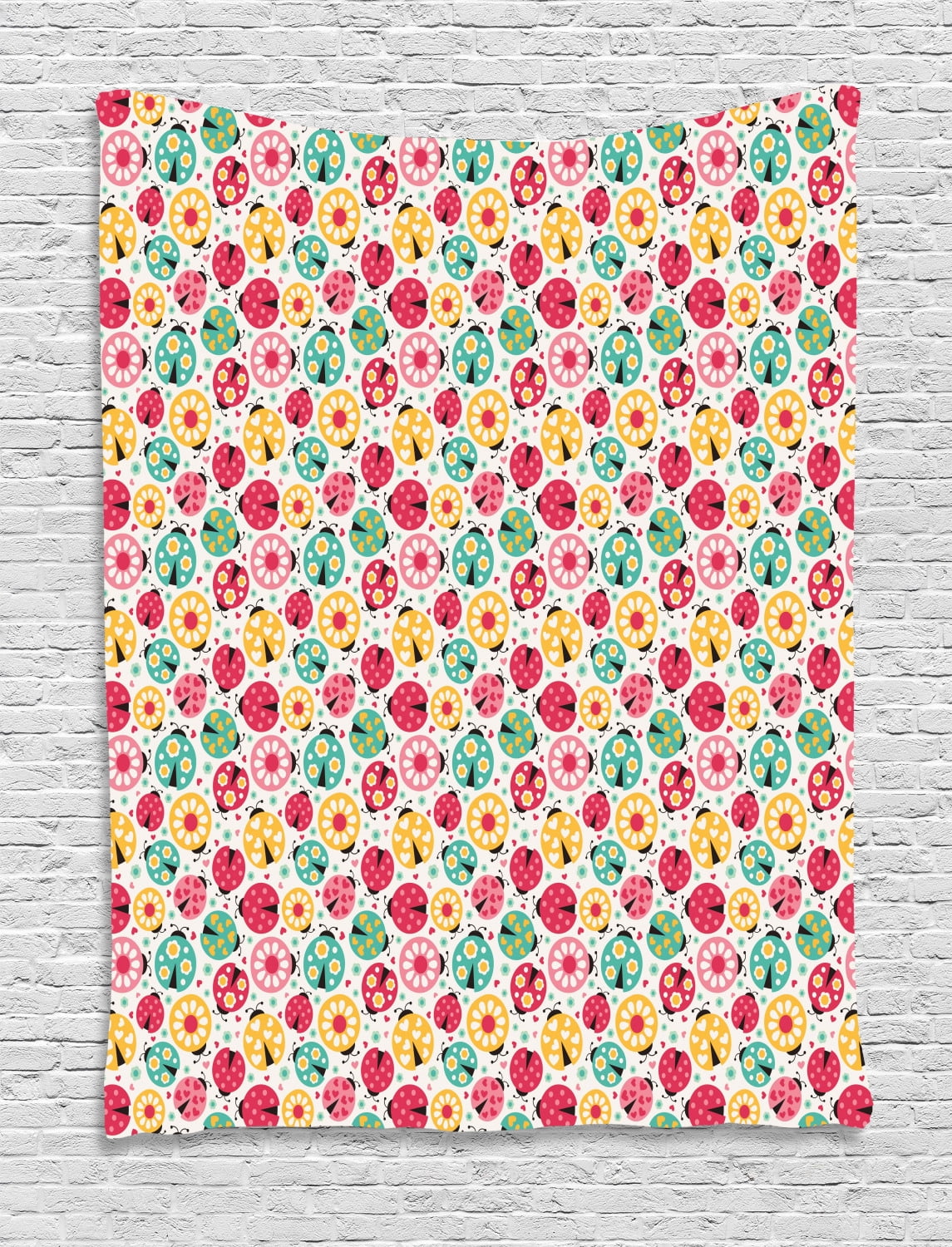 Ladybugs Tapestry, Abstract Bug Pattern with Many Different Designs Hearts Polka Dots Daisies ...