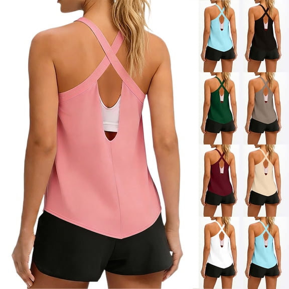 Otntypg Workout Tank Tops for Women Loose Fit Casual Basic Solid Color Sleeveless Cross Open Back Racerback Athletic Muscle Tee Shirts Quick Dry Summer Runing Gym Yoga Top