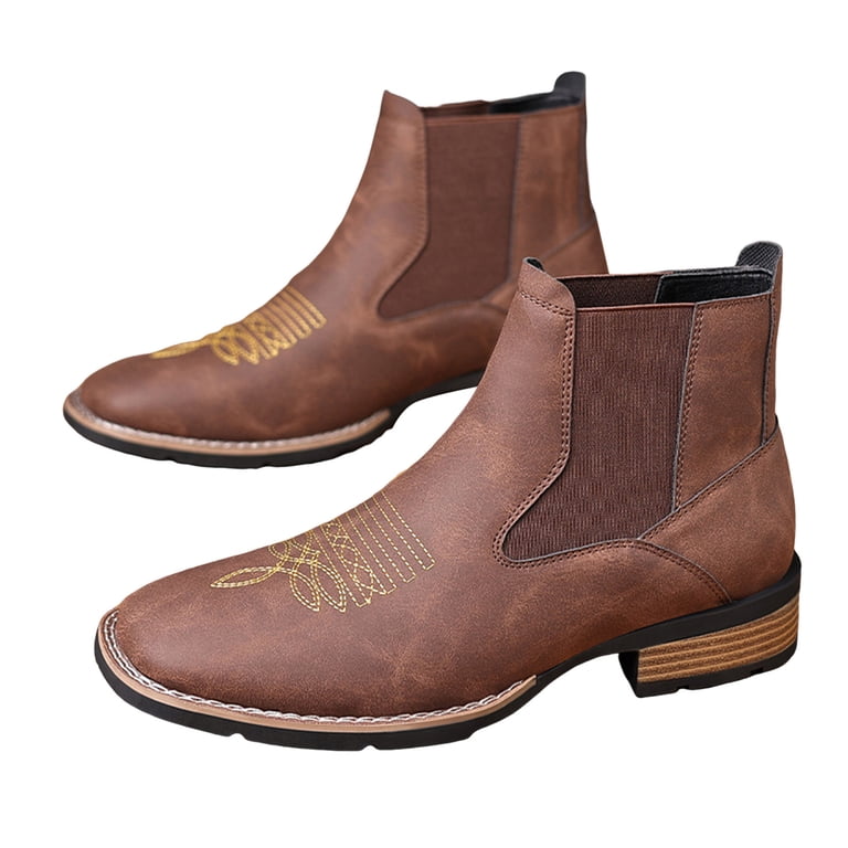 Mens Chelsea Cowboy Boots Fashion Leather Square Toe Slip on Mid