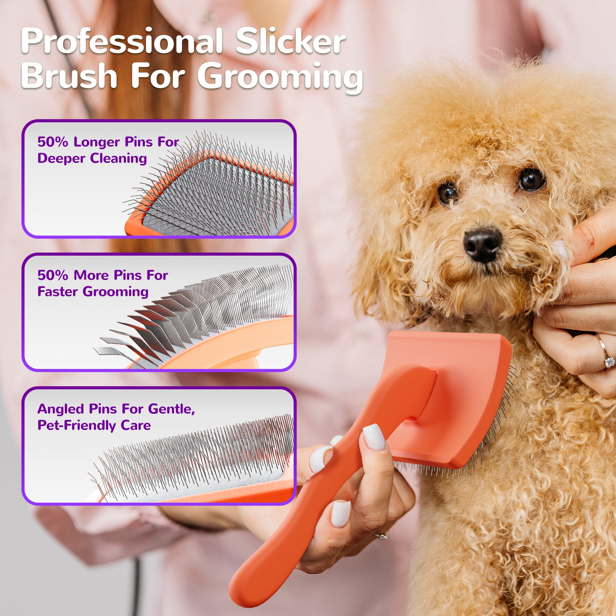 Fido Fave 3-in-1 Slicker Brush, Extra Long Pin Pet Detangler Brush & Dematting Deshedding Comb for Long-Haired and Thick Coats Dogs and Cats