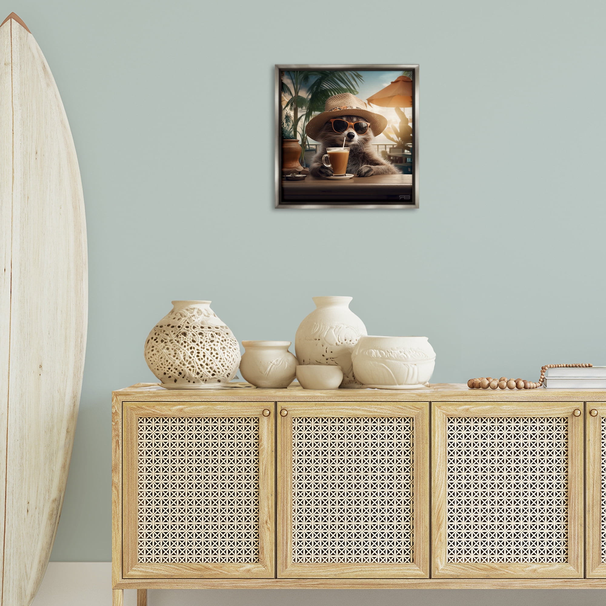 Stupell Industries Animal Sipping Tropical Drink Animals Painting Gray Floater Framed Canvas Art Print Wall Art, 18 x 18