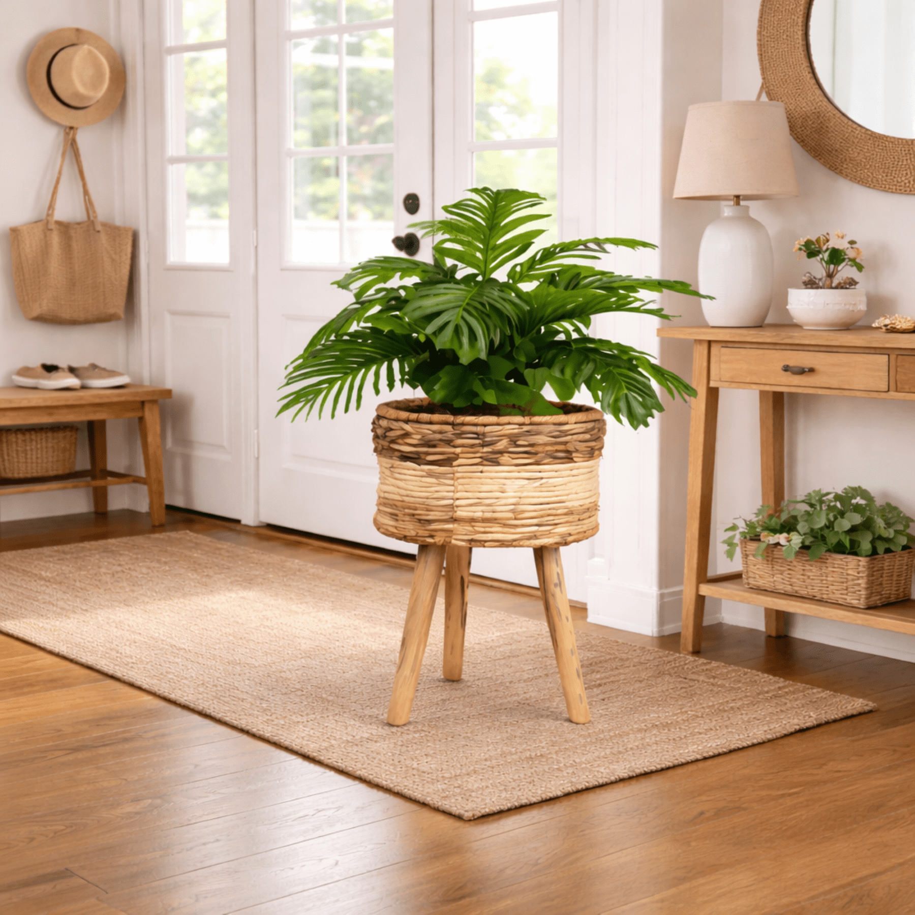 Artificial Plants, 32" Artificial Palm Plant in Multi-Color Tripod Basket Stand by LCG Florals, Faux Designer Fake Indoor Plant for Living Room, Office, and Home Decor