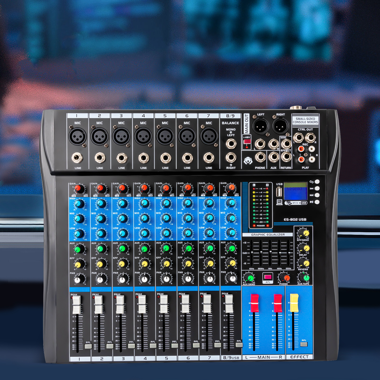 8-Channel Professional Audio Mixer with 5-Band Equalizer, 4 Reverb Effects, Phantom Power, and Real-Time Monitoring for Home Studio, KTV, and Live Performances