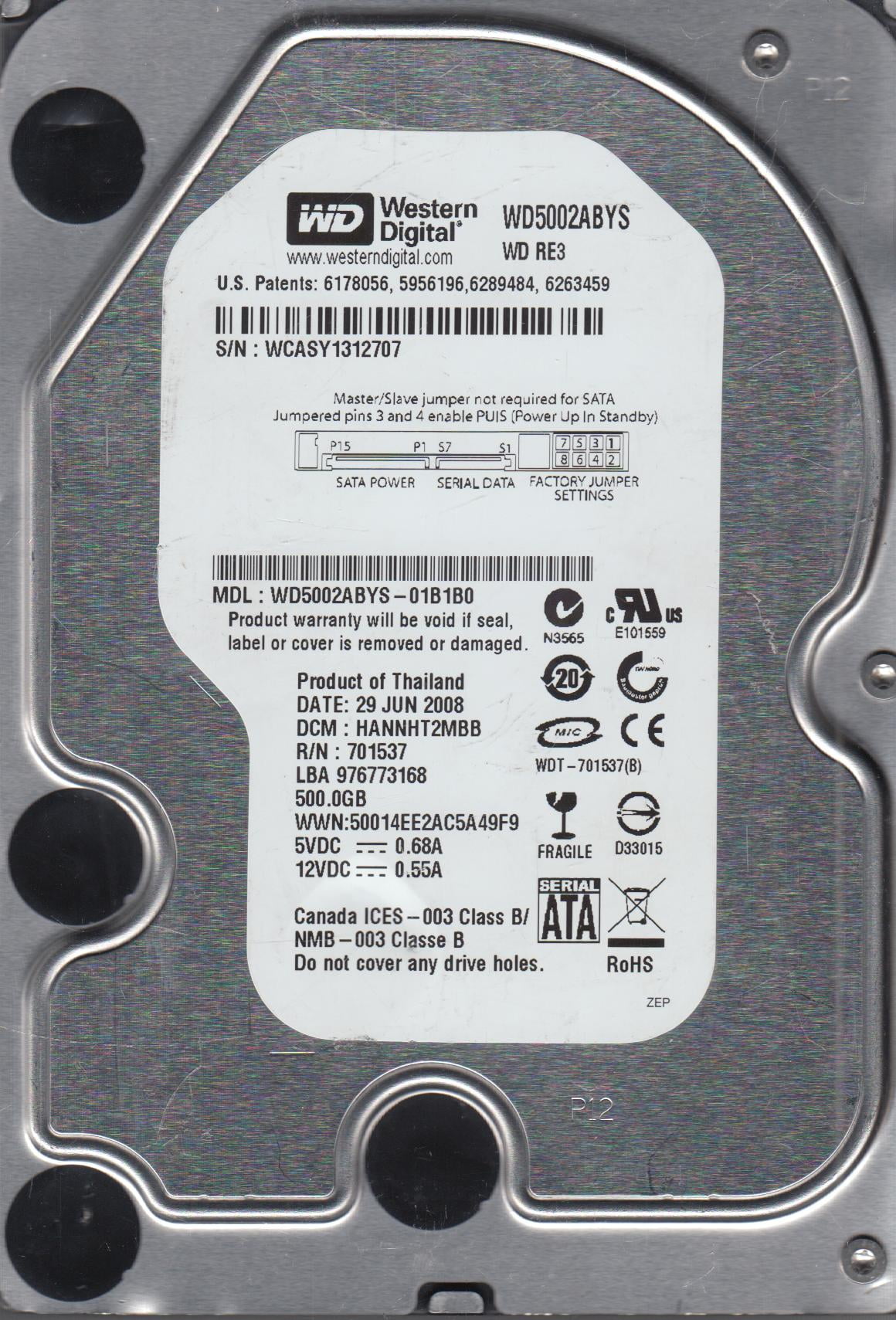 WDWestern Digital RE3 WD5002ABYS Disque Dur Interne SATA 500 Go 3 5 Pouces I86740