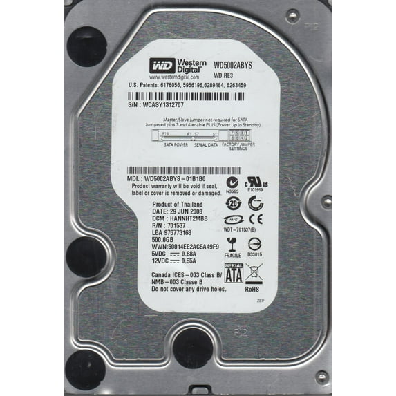 WD5002ABYS-01B1B0, DCM HANNHT2MBB, Western Digital 500GB SATA 3.5 Hard Drive