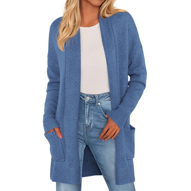 Suéter PRETTYGARDEN Cardigan Largo Abierto Azul XXL