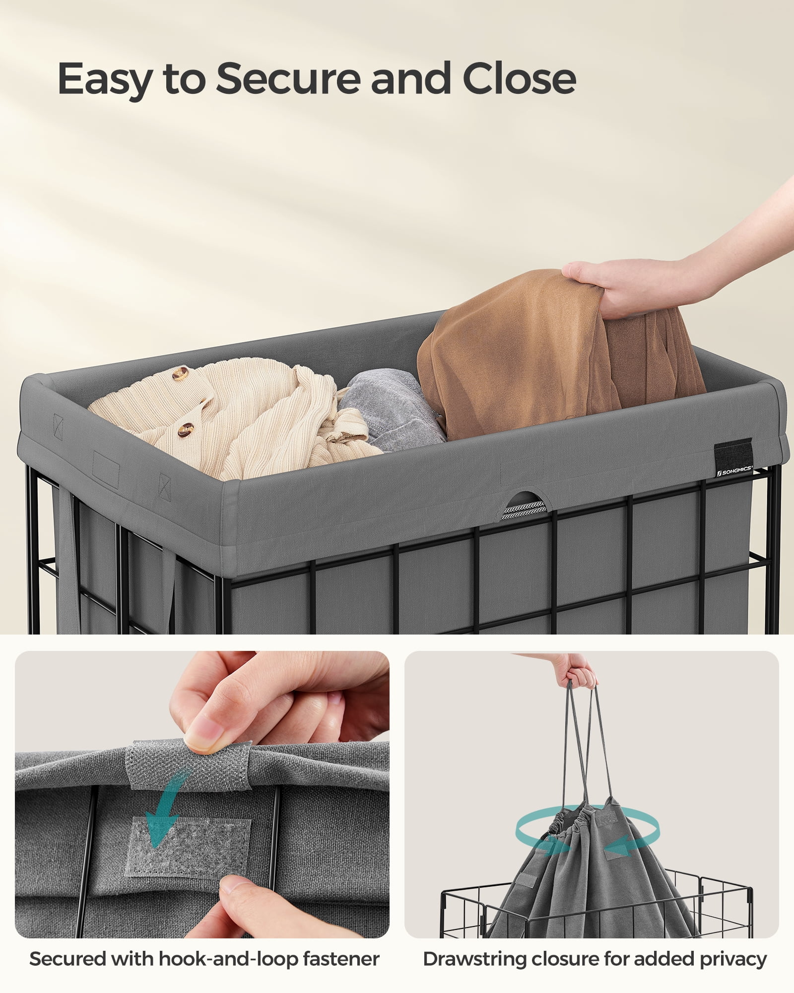 SONGMICS 29 Gal. (110L) Laundry Basket, Laundry Hamper, Collapsible Clothes Hamper, Removable and Washable Liner, Metal Wire Frame, for Bedroom Bathroom, Black and Gray
