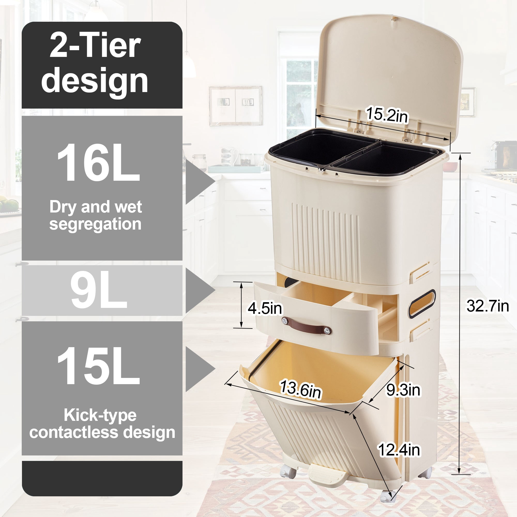 VECELO 3-Tier Kitchen Trash Can with Lid, Recycling Plastic Garbage Can with Wheels, Multi-purpose Trash Bin Categorize Waste, White