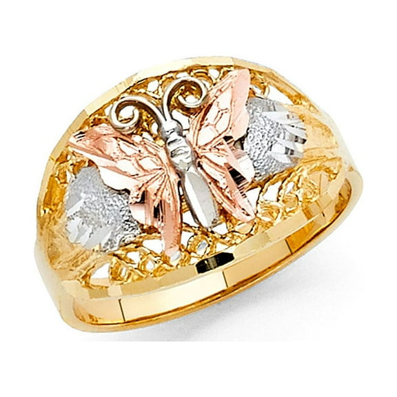 14k Yellow White & Rose Gold Butterfly Ring Band Wide Tapered Band Diamond Cut Tri Color 13MM, Size 7