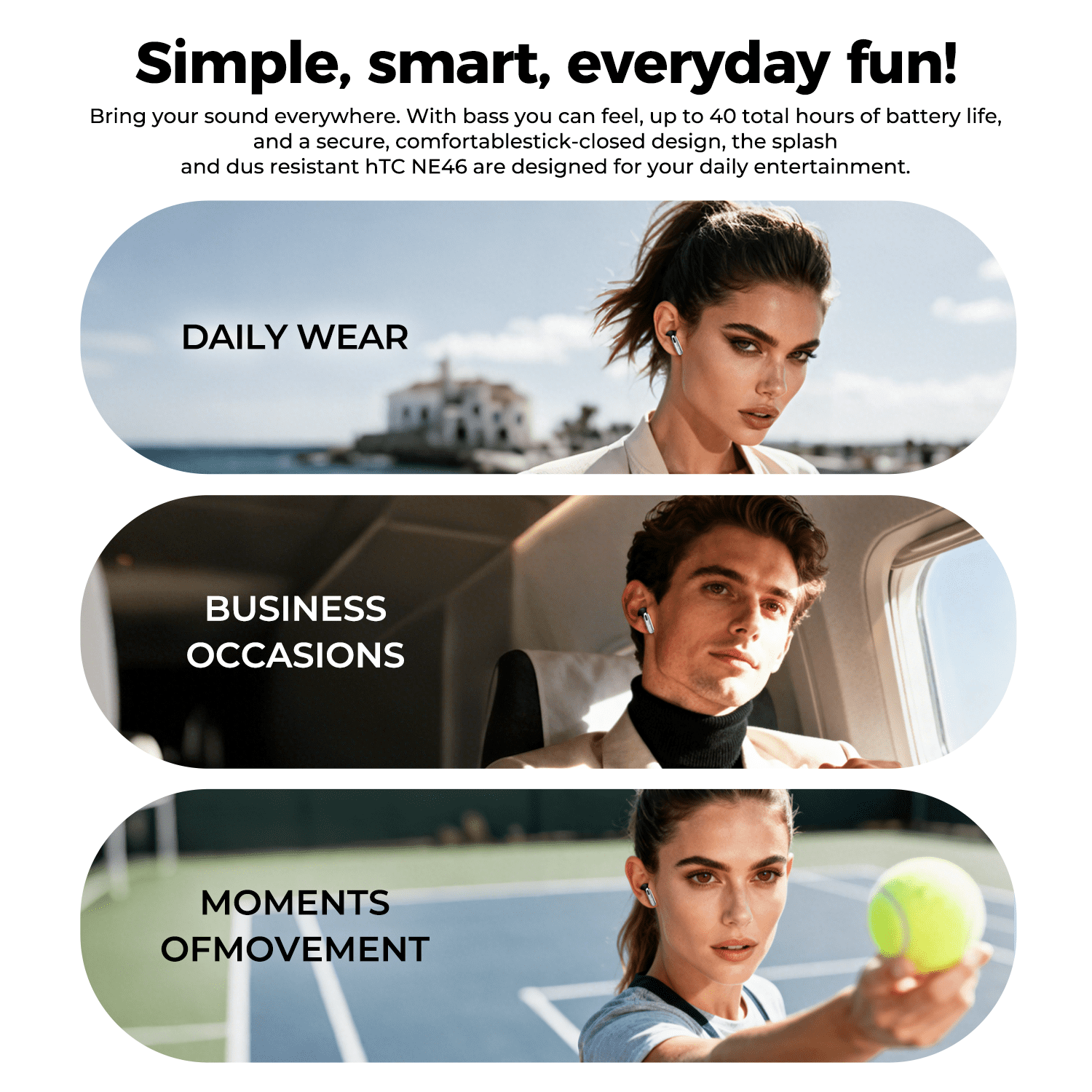 HTC Wireless Earbuds,Bluetooth 6.0 Ear Buds, AI Translator Earbud with Heart Rate Smart Screen ENC Noise Cancelling Mic Clear Sports Earbud IP6 Waterproof Headphones for Workout sports