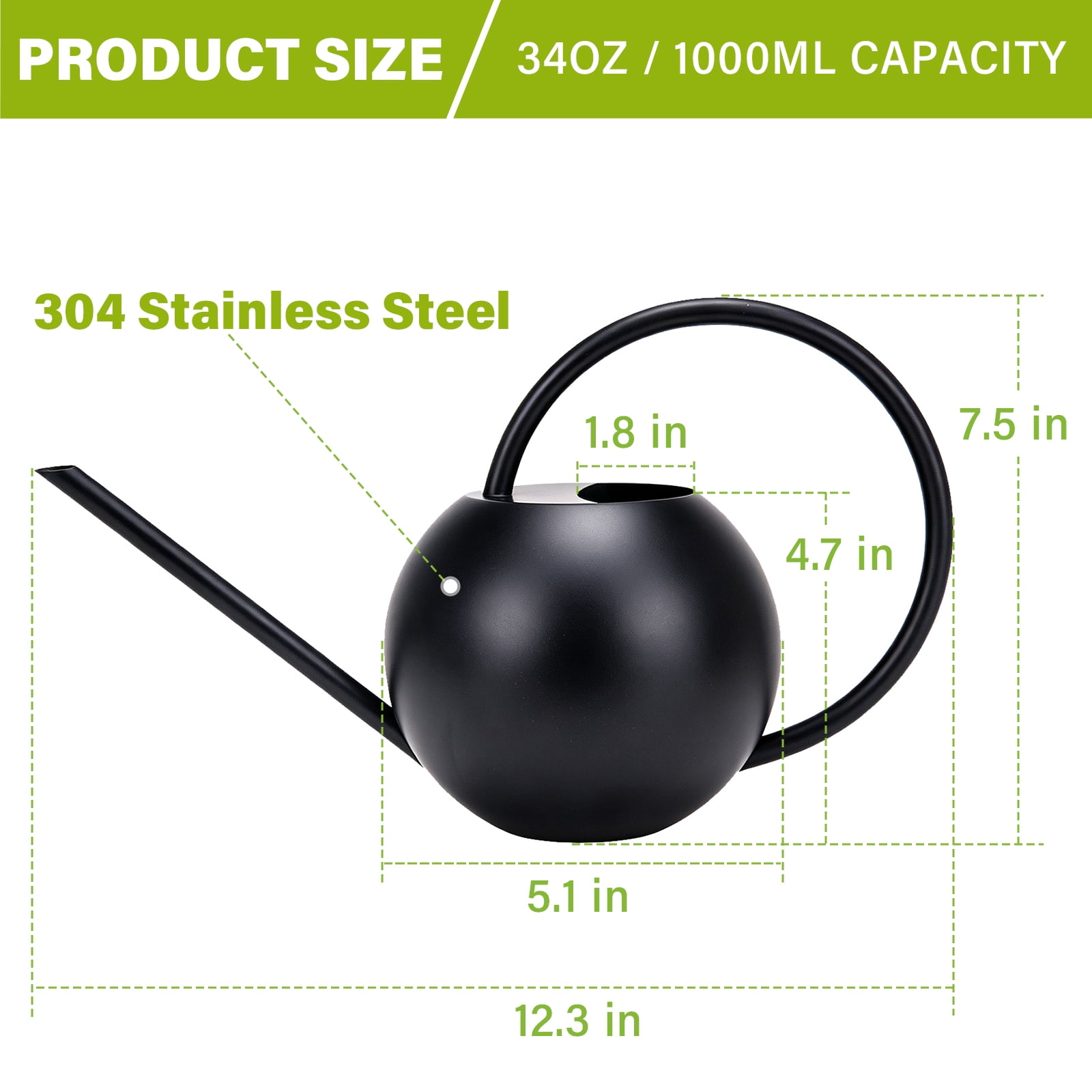 Yoneston Watering Can with Long Spout for Indoor Outdoor Plants, 35oz/1000ml Metal Stainless Steel Pot Removable Spray Spout for House Plants Bonsai Garden Flower, Black