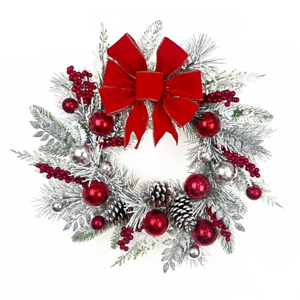 Corona navideña de flocado para colgar en la puerta, adornos navideños, corona navideña, colgante de ratán, decoración para el hogar