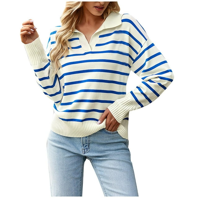 Chandail Rayé Femme Mode Décontractée Imprimé Rayé Tricot Chandail Manches Longues Col Rabattu Hauts